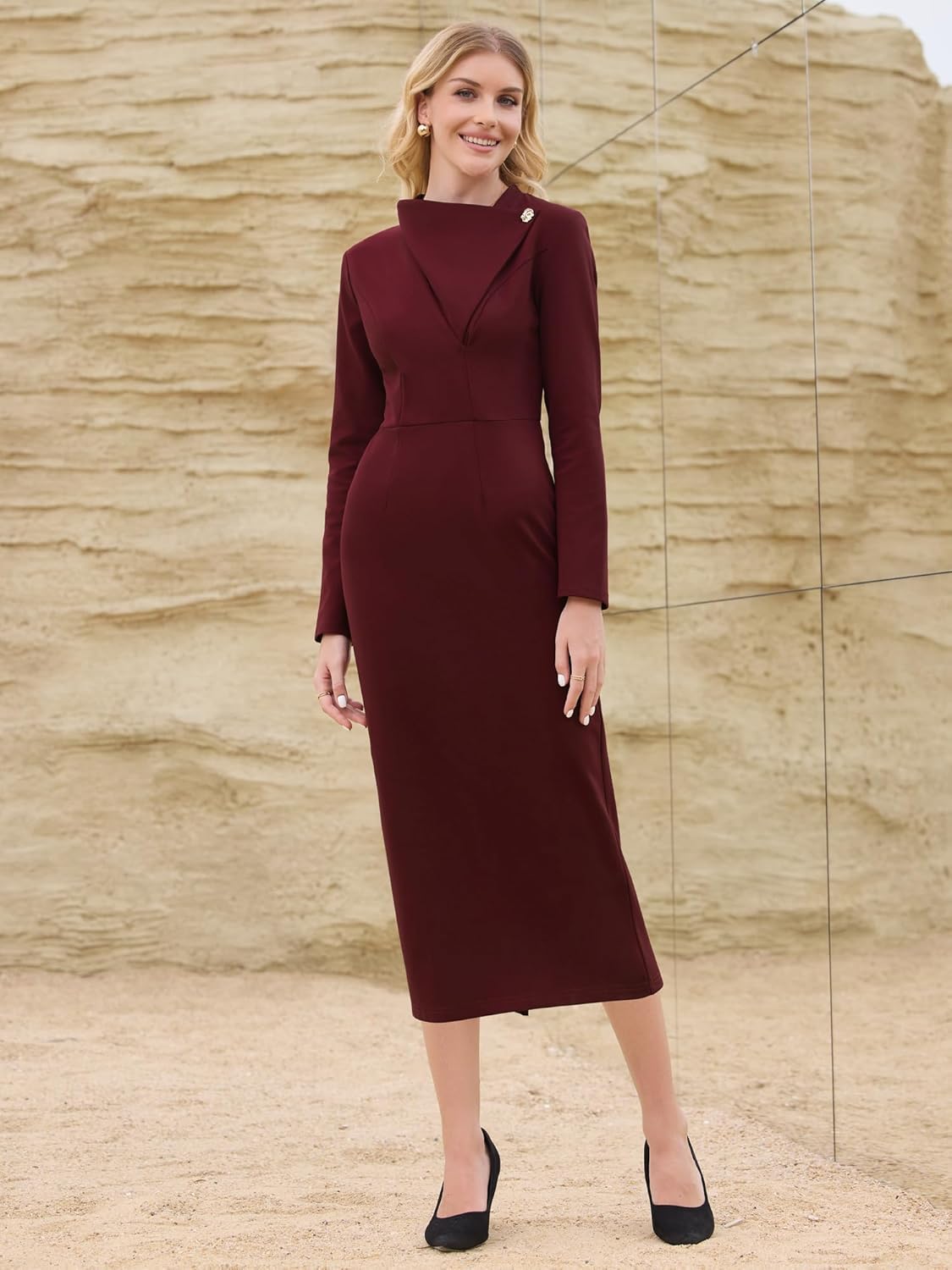 Women's Elegant Pencil Dress Lapel V Neck Long Sleeve 2025 Trendy Work Knee Length Dresses - Image 2