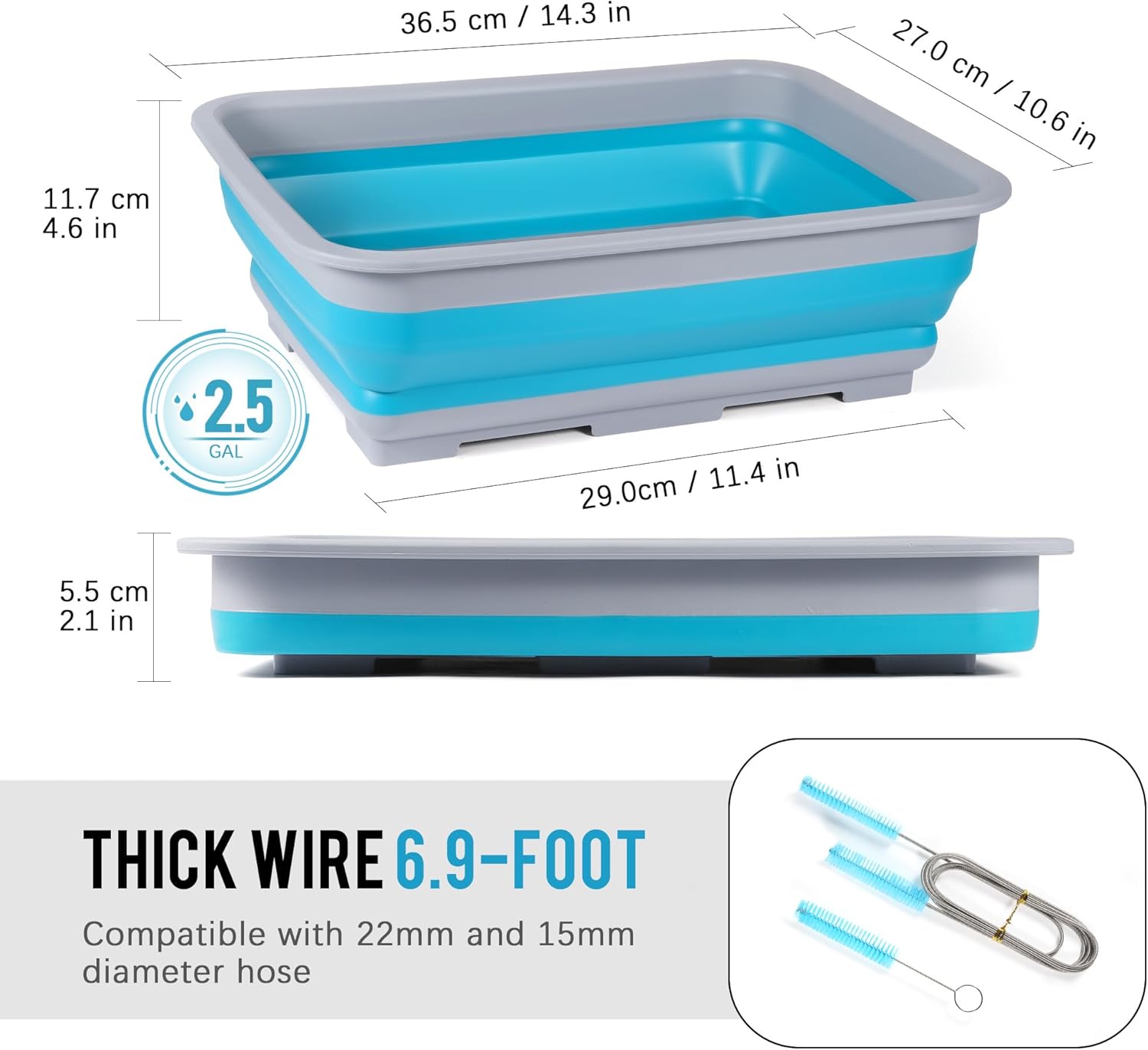 CPAP Cleaning kit Hose and Mask Brush with Collapsible Wash Basin Tub，Sponge and Storage Hag，6.9ft Extra Long Hose Brush, Compatible with 15mm and 22mm Hoses（Blue）