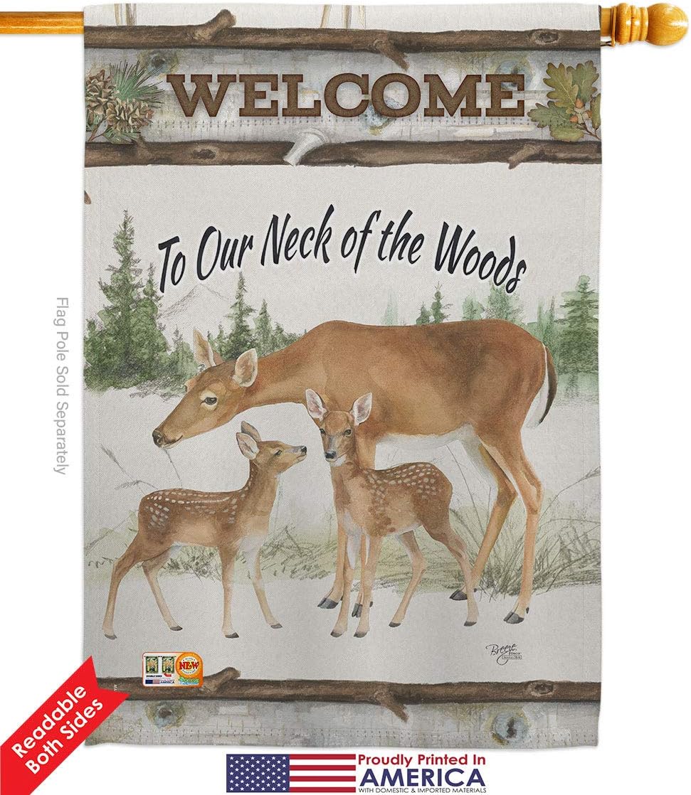 Neck Of The Woods House Flag Set Animals Wildlife Outdoor Deer Bear Wolf Pet Nature Farm Animal Creature Small Decorative Gift Yard Banner Double-Sided Made In USA 28 X 40