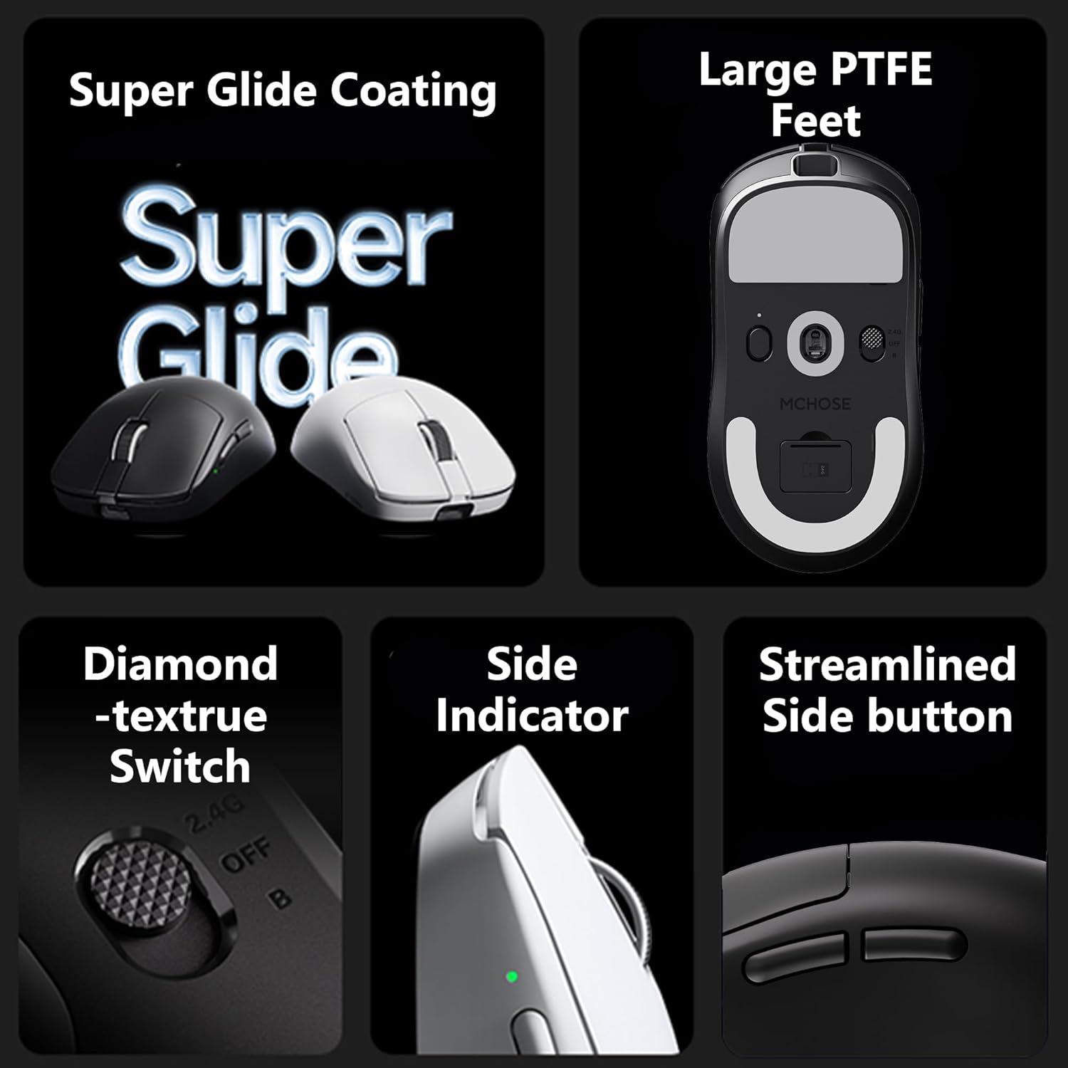Collage showing various features of the MCHOSE A7 V2 Ultra+ mouse including super glide coating, large PTFE feet, diamond-texture switch, side indicator, and streamlined side buttons
