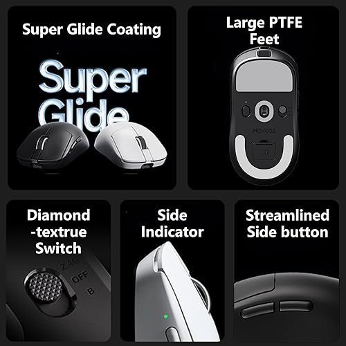 Miniatura 9 de MCHOSE Ratón inalámbrico para juegos A7 V2 Ultra+, conexión trimodo, 2.08 oz, sensor PAW3395 26K DPI, sondeo de 1K con cable 8K/inalámbrico, batería