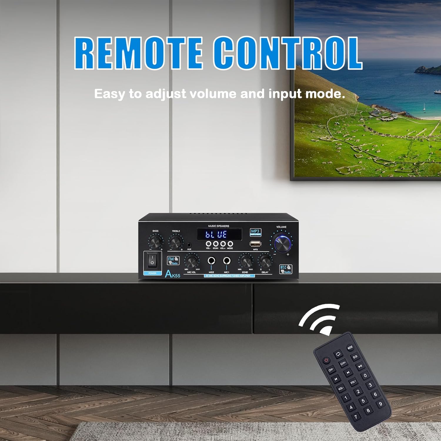 AK55 Stereo Audio Amplifier with Bluetooth 5.0,450W Max Home 2.0 Channel Power Stereo Amplifier Receiver System for Karaoke,Home Theater Speakers W/USB,RCA,AUX,Echo,2MIC in