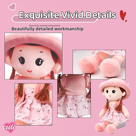 Princess Doll Plush Soft Cuddly Rag Doll, Cute Cartoon Little Girl's Buddy, 35 cm, Pink, 1+ Years