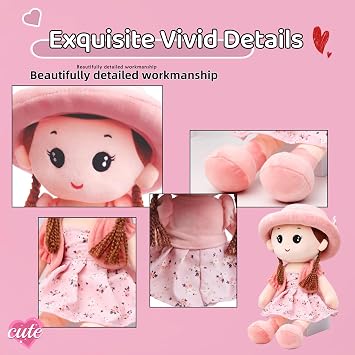 Princess Doll Plush Soft Cuddly Rag Doll, Cute Cartoon Little Girl's Buddy, 35 cm, Pink, 1+ Years