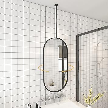 Wall Mounted Mirrors for Bathroom,Oval Bathroom Mirror,Suspended Mirror with Metal Frame Modern Nordic Vertical or Hotel Horizontal Hanging Mirrors 16 * 32inch, Black