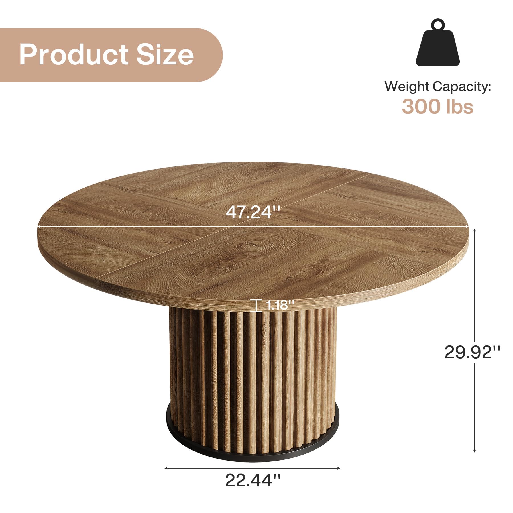 Tribesigns Tavolo da pranzo rotondo, 120 cm, marrone per 4 persone, tavolo da pranzo con robusta struttura in metallo, arredamento moderno