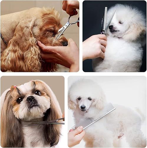 Miniatura 7 de Maxshop Tijeras de aseo para perros con puntas redondas de seguridad, kit de recortadora de titanio resistente para mascotas, tijeras de