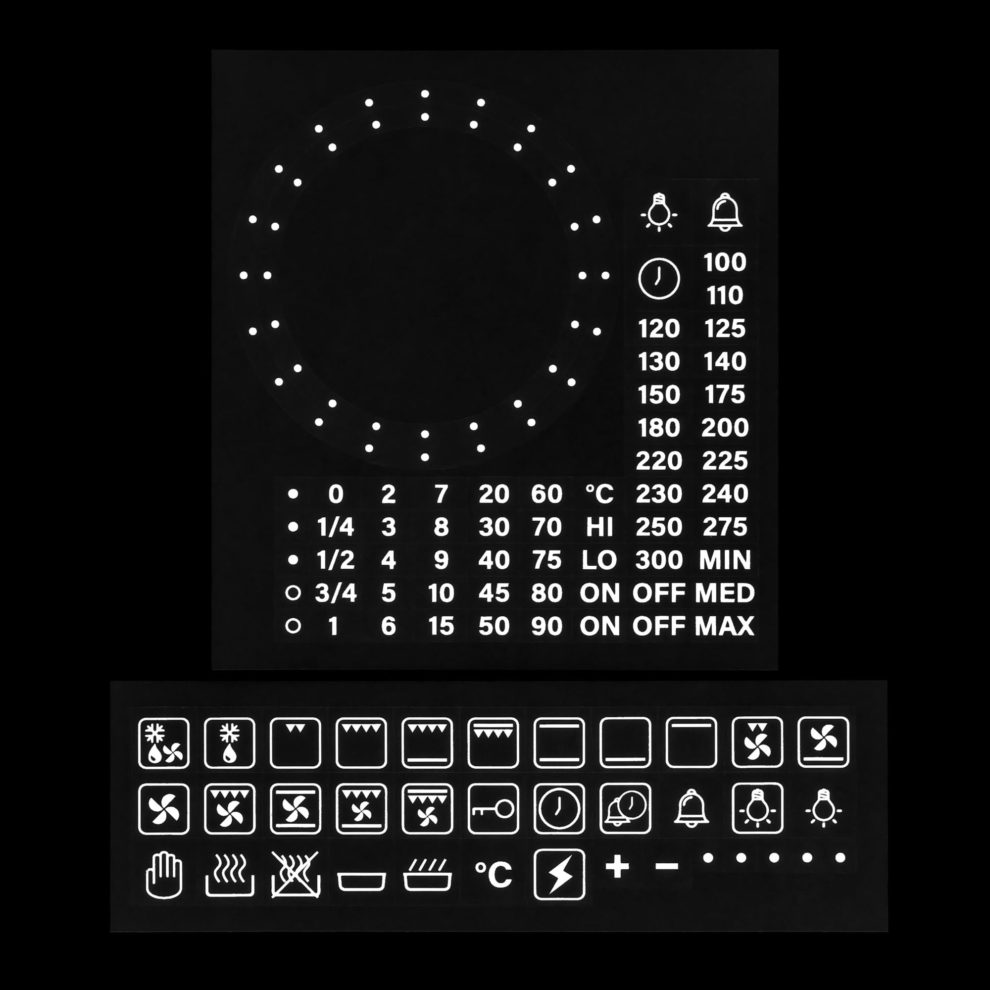 HALLMERS 36x Function Symbols + 45mm 52mm Dotted Dial Separate Custom Timer Oven Temperature Celcius Control Panel Labels (White Print Clear Adhesive) Replacement Sticker Temp Knob Electric Gas Grill