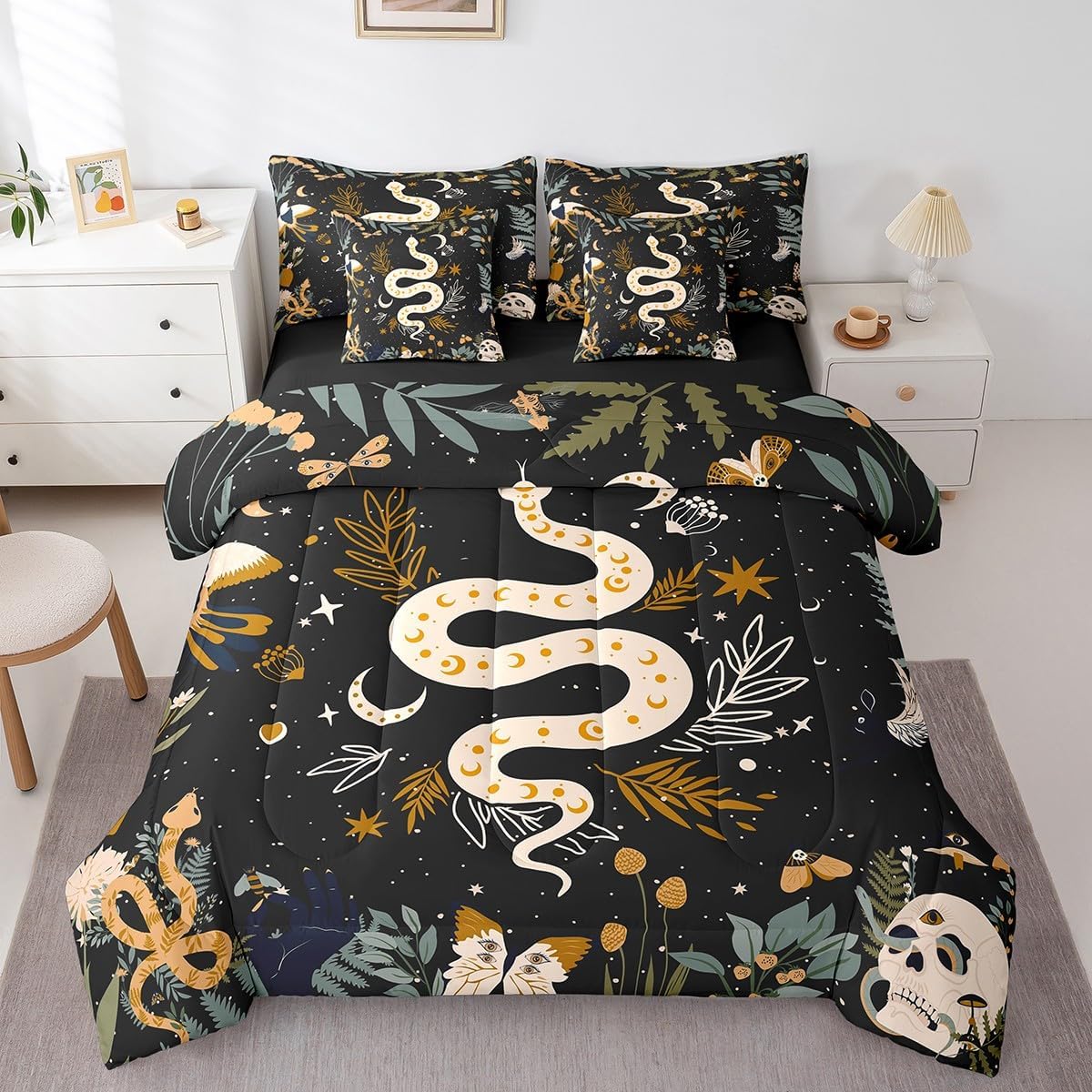 Erosebridal Boho Snake Comforter Set Full 7 Piece Galaxy Sun Moon Stars Bed in A Bag for Kids Adults,Gothic Butterfly Moth Skull Bedding Set Bohemian Animal Botanical Sheet Set with Comforter