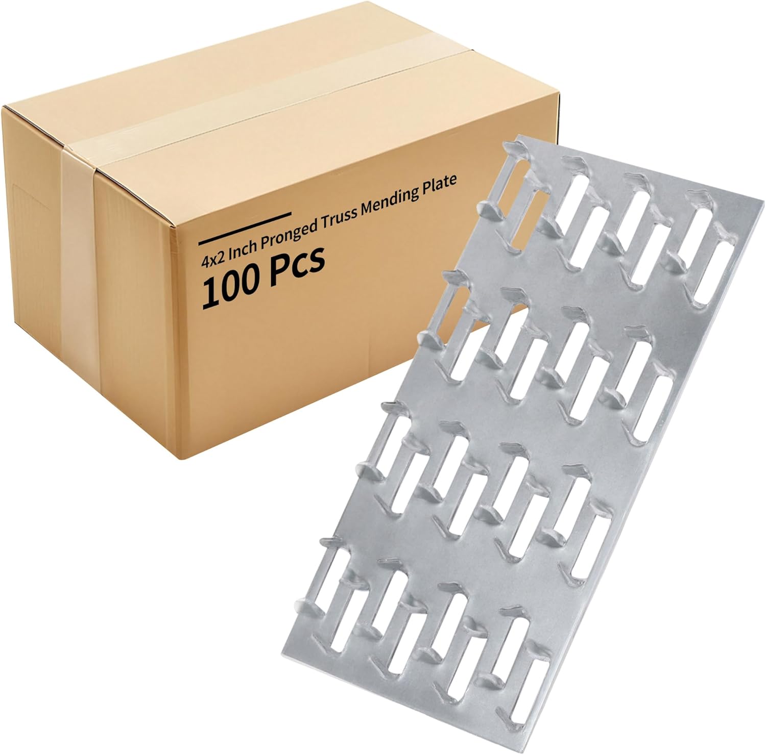 100 Pack Truss Plates, 4" x 2" Mending Plates for Wood, Flat Metal Bracket with Nail Teeth, Repair Tie Pronged Plate Connectors for Roof Trusses, Timber Framing, Wood Studs, DIY Woodworking