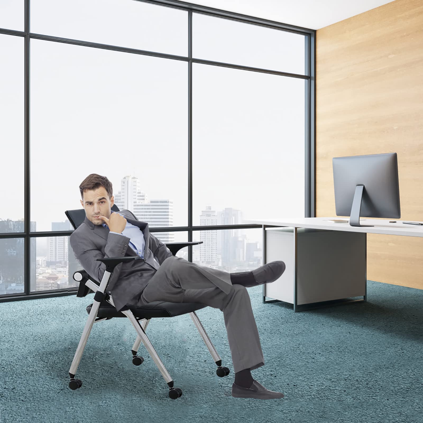 Ergonomiczne czarne składane krzesło biurowe z kółkami – wygodne krzesło biurowe, skórzane siedzisko i podłokietniki, składane do domu