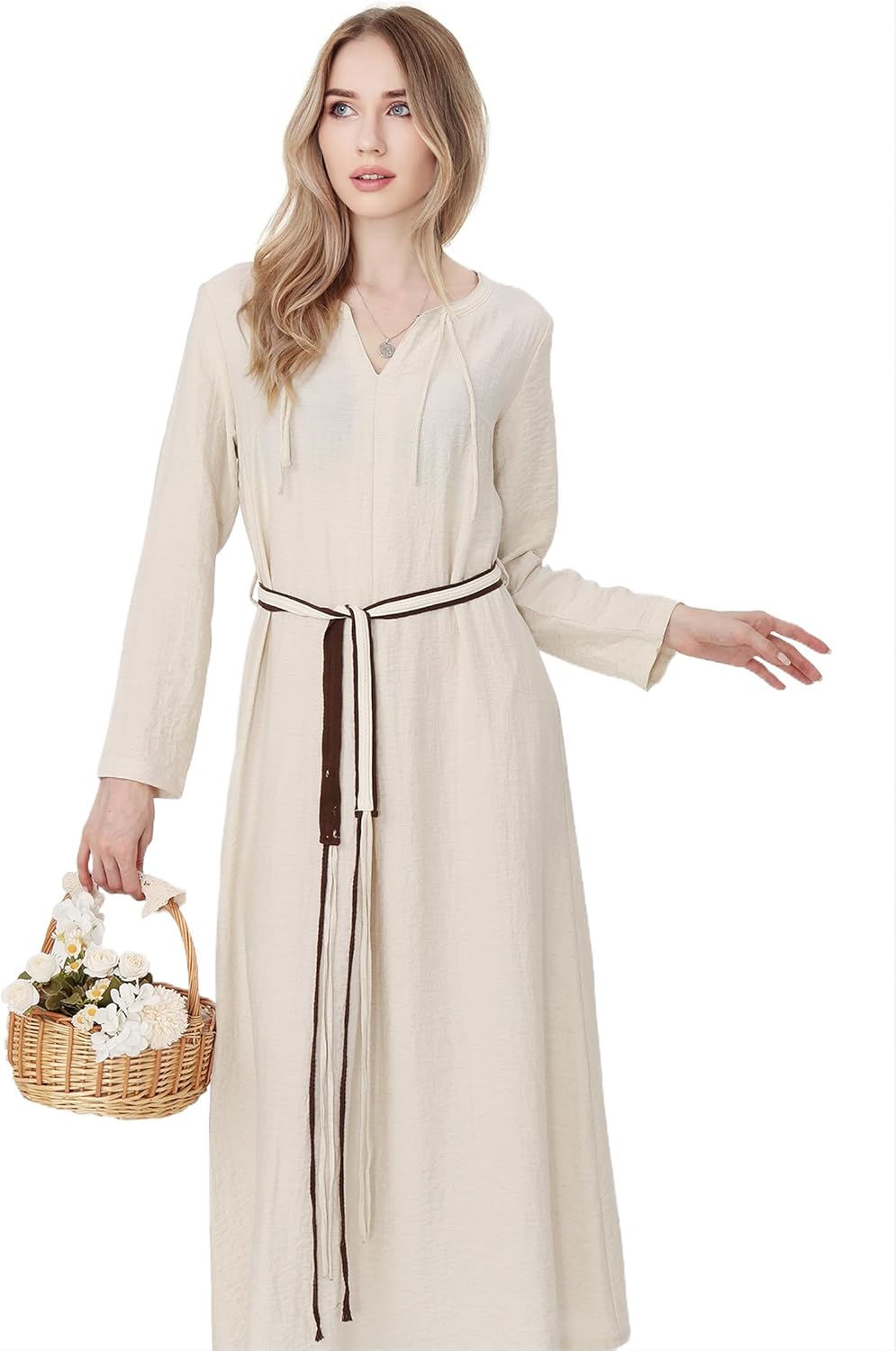 Womens Peasant Dress with Belt Linen Tunic Underdress for Medieval Renaissance Halloween Cosplay Costume Maxi - Image 4