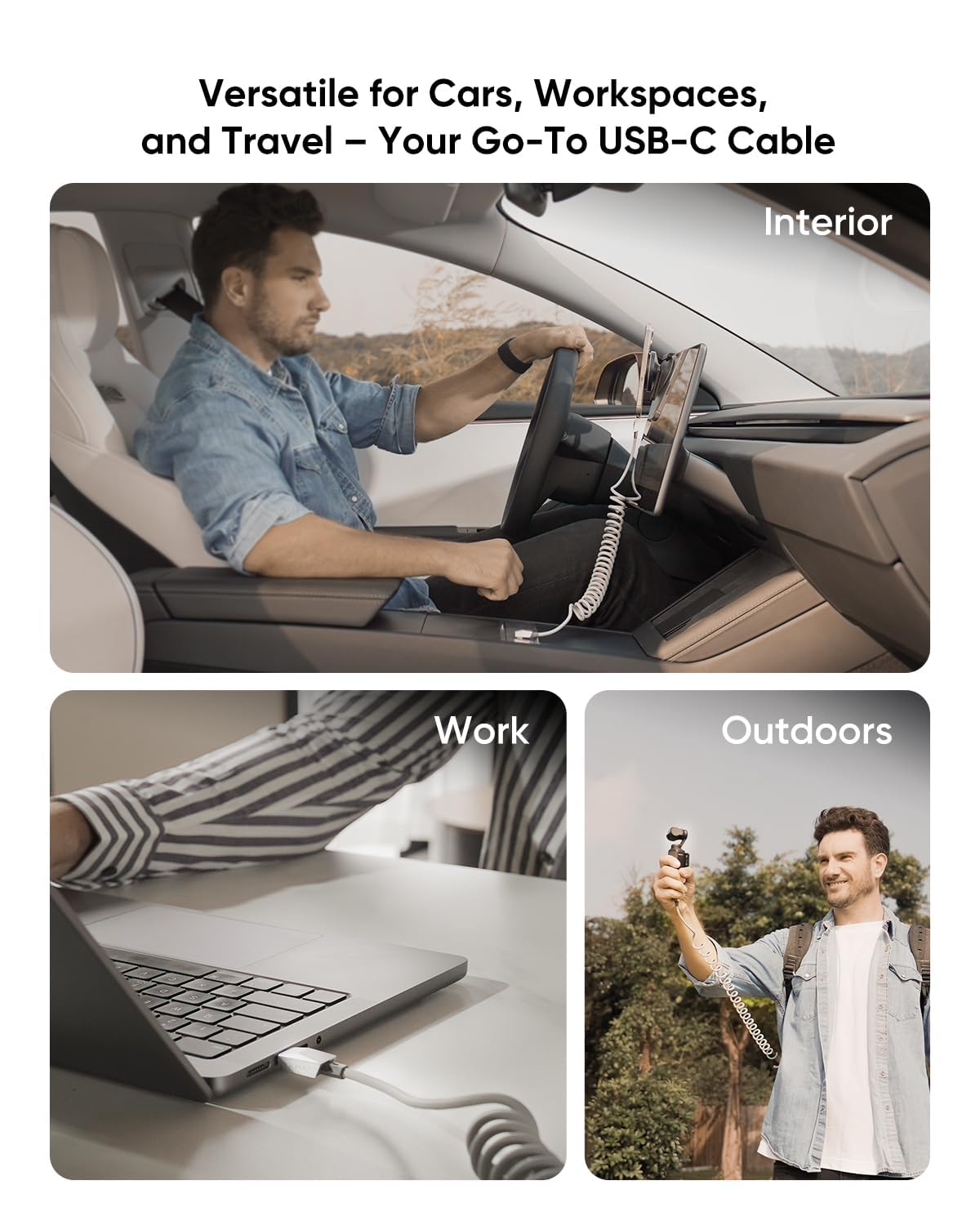 Retractable Spring USB-C Cable for Tesla Model Y/3/X/S, Cybertruck-Style Accessories, Type C 100W Fast Charging & Data Sync, Lightning Adapter & Magnetic Holder | Tesla Car Accessories