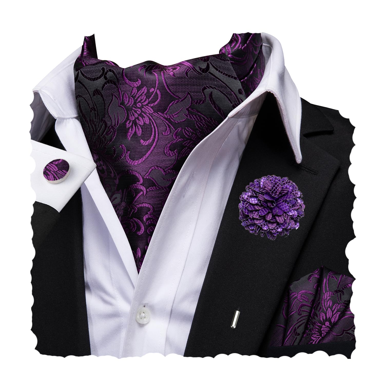 Hi-Tie Silk Ascot for Men Self Tie Men's Cravat and Flower Lapel Pin Handkerchief Cufflinks Set for Wedding Party