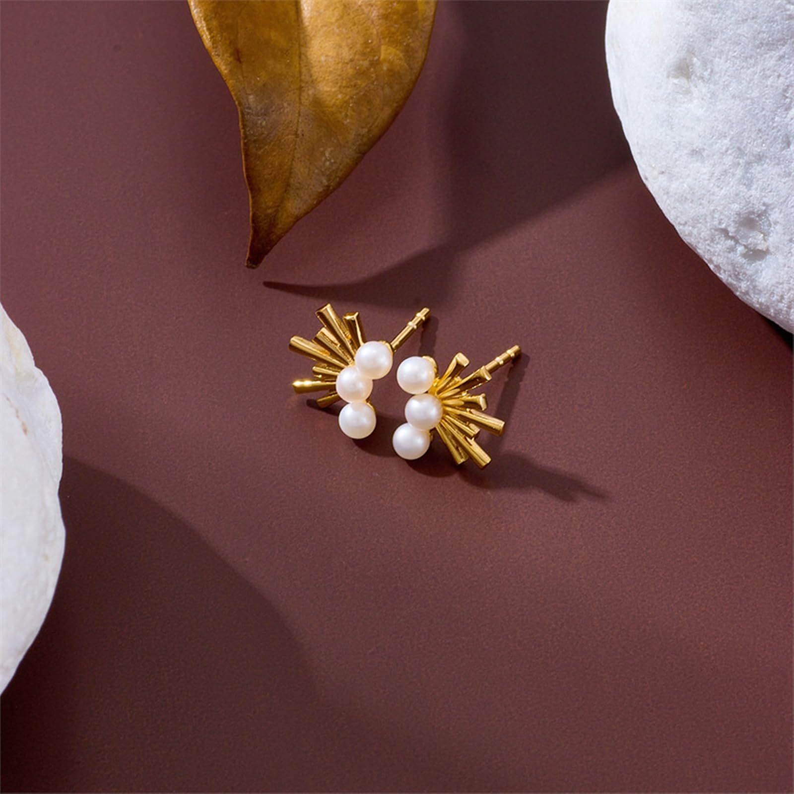 Pendientes geométricos de oro amarillo de 9K/14K/18K para mujer con perla