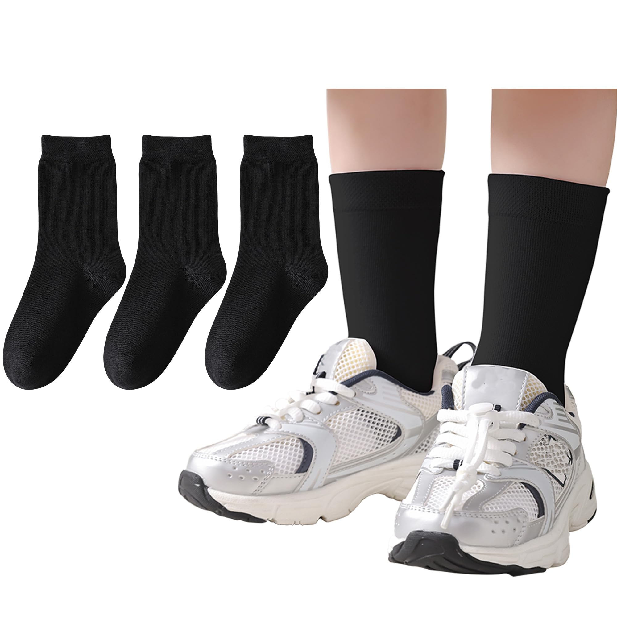 3 Pairs Boys Dress Socks Kids Girls Black Crew Uniform Sock for Toddler