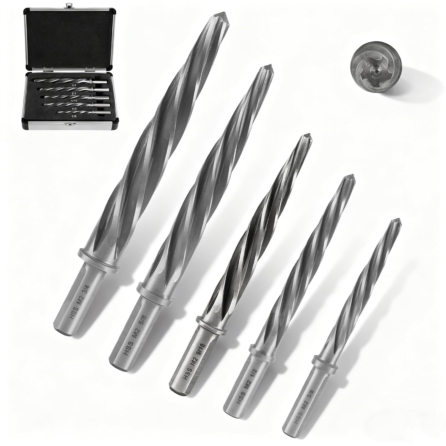 Lichamp 5-Piece M2 HSS Reamer Drill Bit Set, 3/8" 1/2" 9/16" 5/8" 3/4" High Speed Steel Chucking Reamer Set for Metal