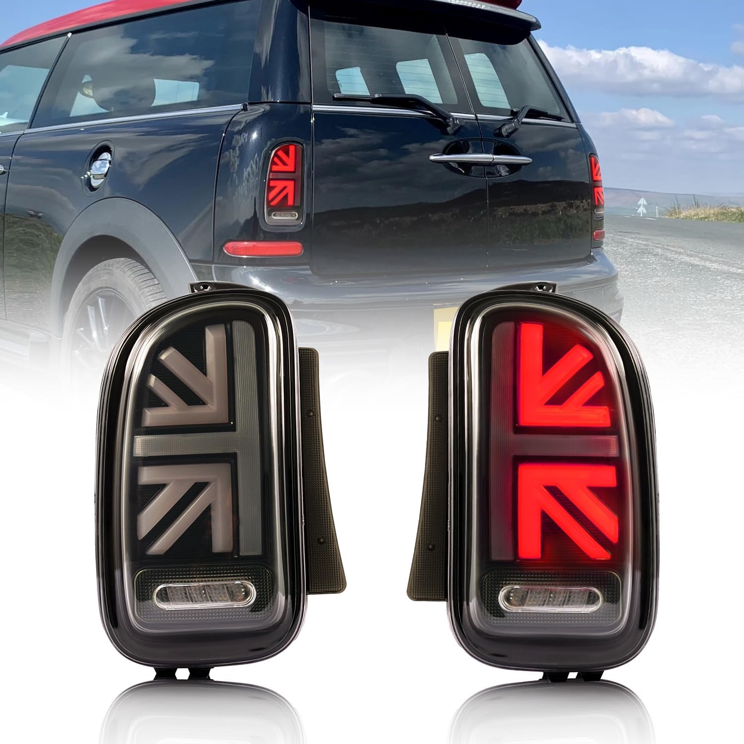 Archaic Tail Lights Assembly Compatible for Mini Cooper Clubman R55 2007-2014,Union Jack Rear Tail Lamps for 1st gen Mini Clubvan Base/JCW/S Clubman,Plug&Play, Pair, Smoked
