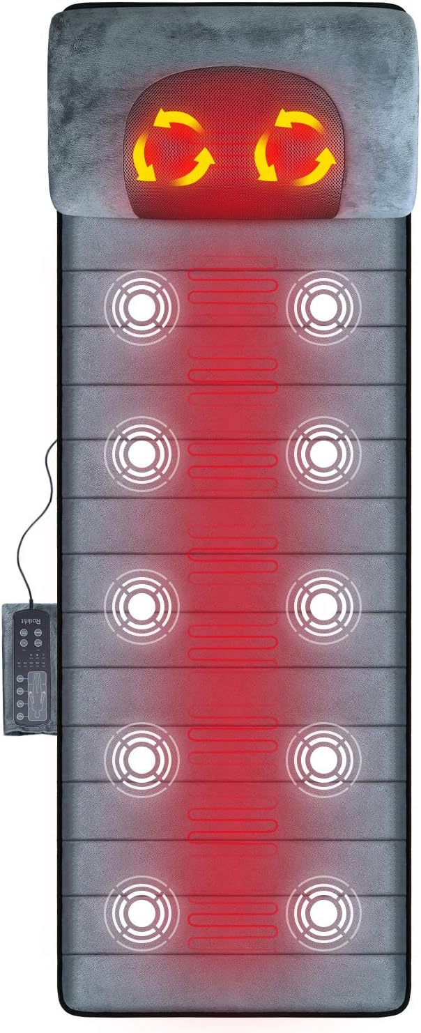 Rolli-Fit Memory Foam Massage Mat with 12 Vibration Motors & Shiatsu Neck Massager, 8 Heating Pads, Washable Massage Pad, Full Body Massage Mattress Pad for Neck, Back, Waist, Legs Pain Relief