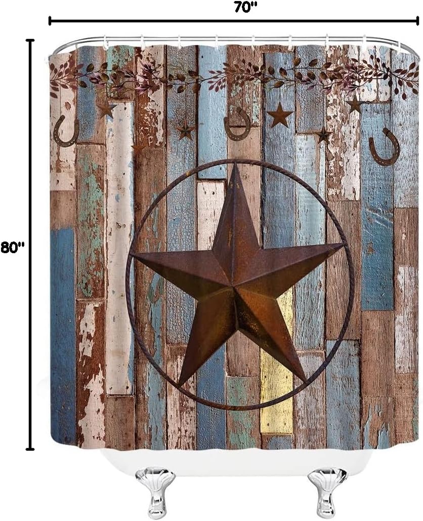 Rustic Barn Door Shower Curtain Western Texas Star Retro Wooden Board Farmhouse Old Rusty Horseshoe Vintage Country Style Plank Garage Door Creative Fabric Bath Decor Curtain Set with Hook