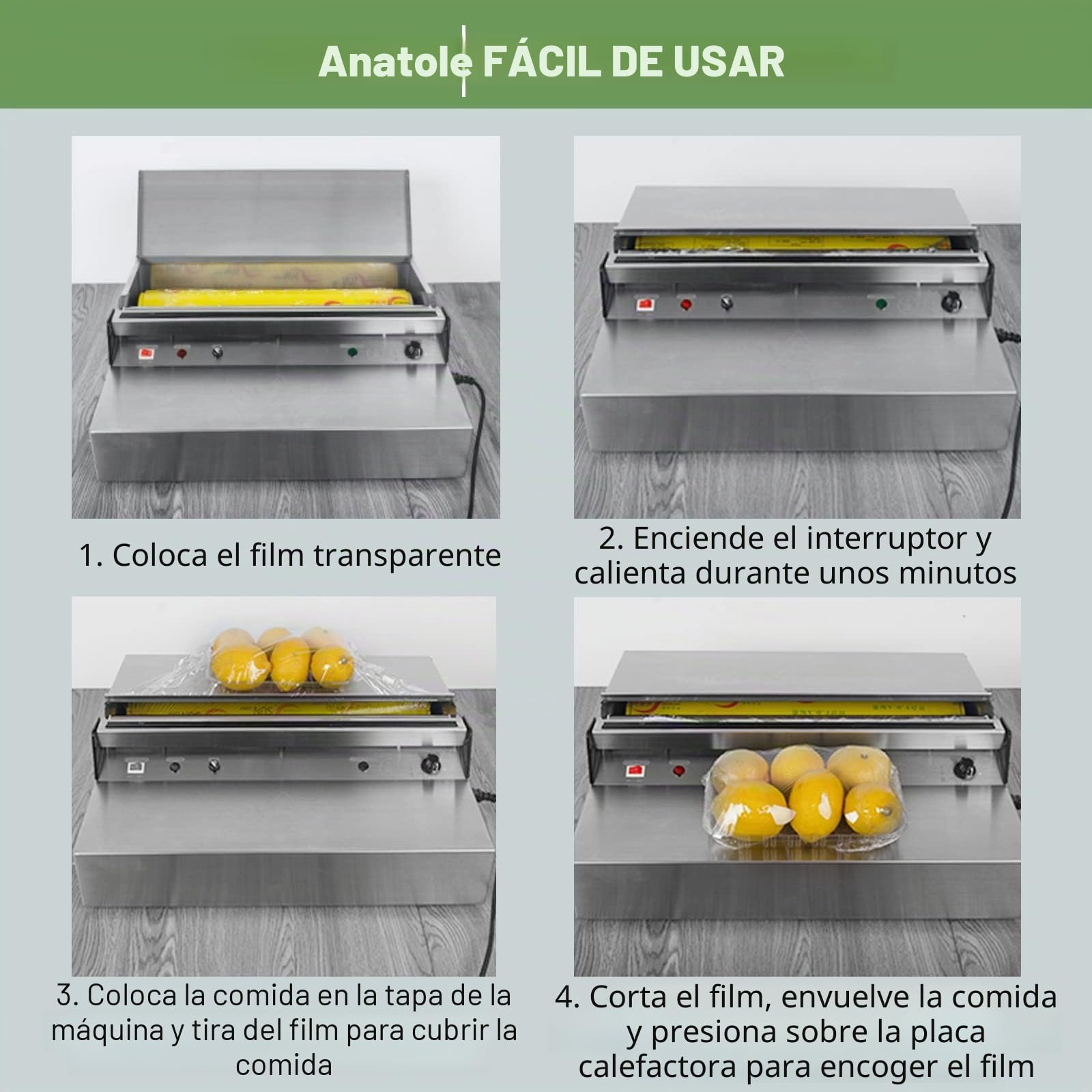 Anatole Envasadora de Film de Alimentos Frescos Comercial con Tabla de Calentamiento Integrada Sellador y Corte de Film Eléctrico Acero Inoxidable 450mm para Verduras Frutas Carne Supermercados