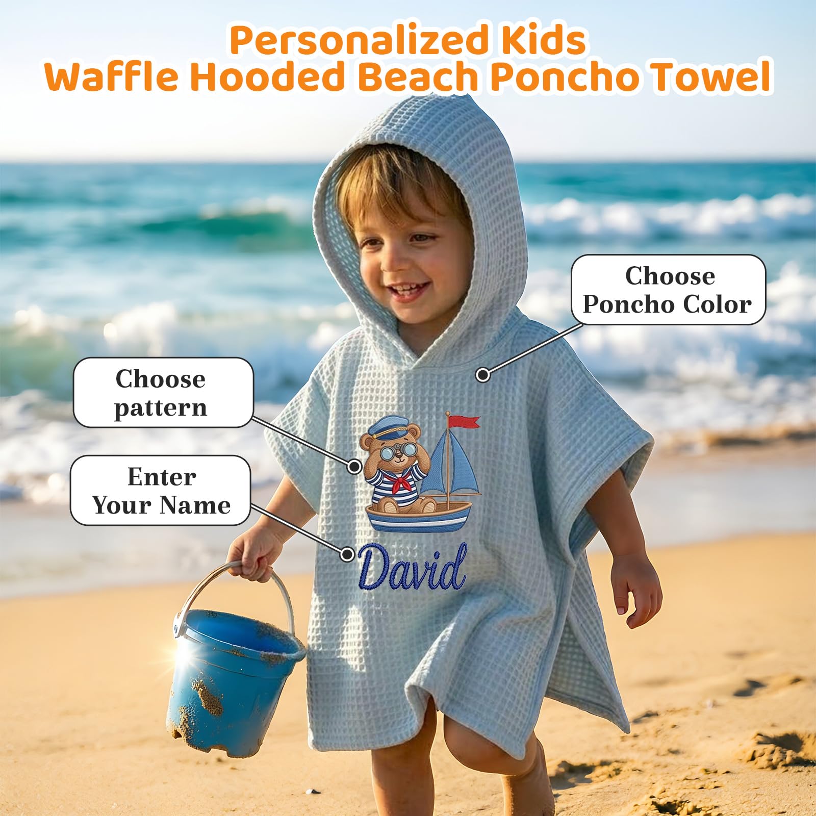 Personalisiertes Handtuch-Poncho Kinder, Strandtuch Stickerei Name, Baumwollwaffel, Kapuze Surf Pool Schwimmen Bad, Sommergeschenk Jungen Mädchen Geburtstag