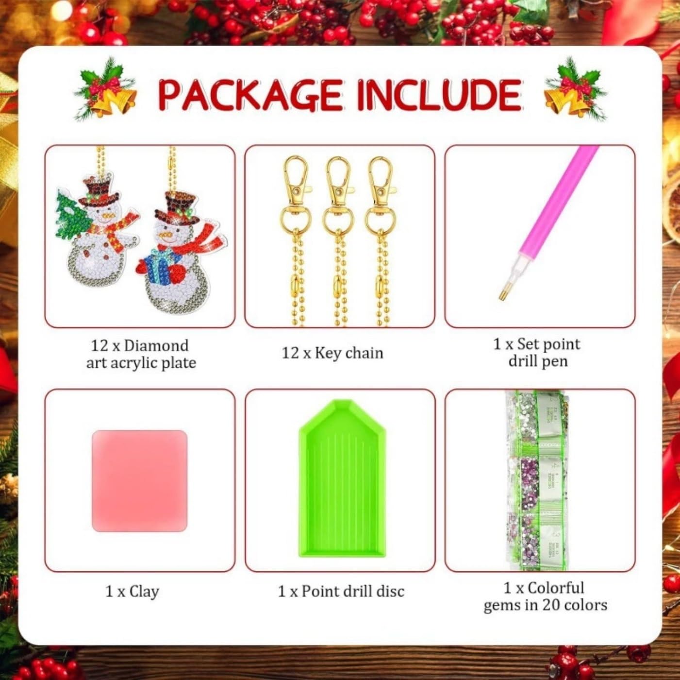 Weihnachts-Diamant-Malerei-Schlüsselanhänger-Set, 12 Stück, 5D-Strass-Ornamente zum Selbermachen, Urlaubsdekoration, komplettes Zubehör für Weihnachtsbaum-Geschenke
