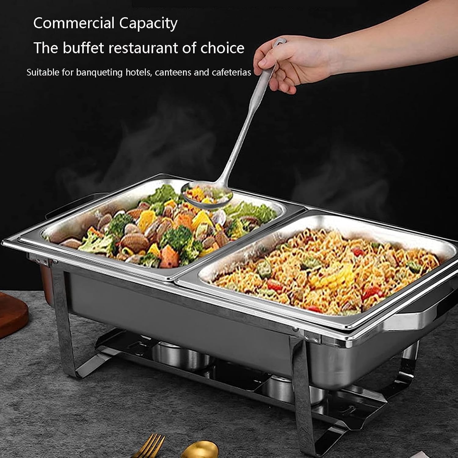 Stainless Steel Buffet Hot Plate - Has Lid Stainless Steel Heating Tray,Hot Pot Buffet Set,Food Heater with Solid Steel Lid and Holder Wedding Party Catering (Double Compartment/C
