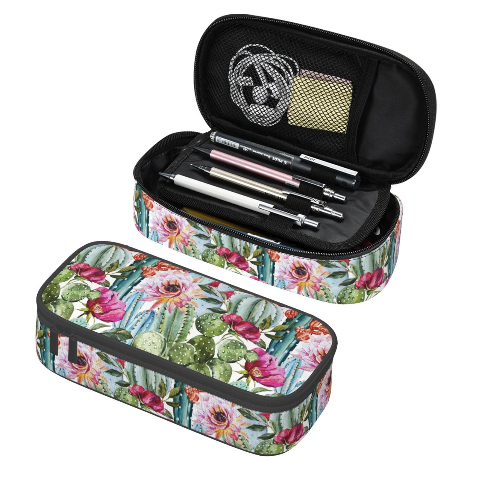 Cute Watercolor Cactus Floral Pencil Case Big Capacity Storage Pencil Pouch Stationery Bags With Zipper Portable Pen Holder Box Organizer For Boys Student College School Office Supplies