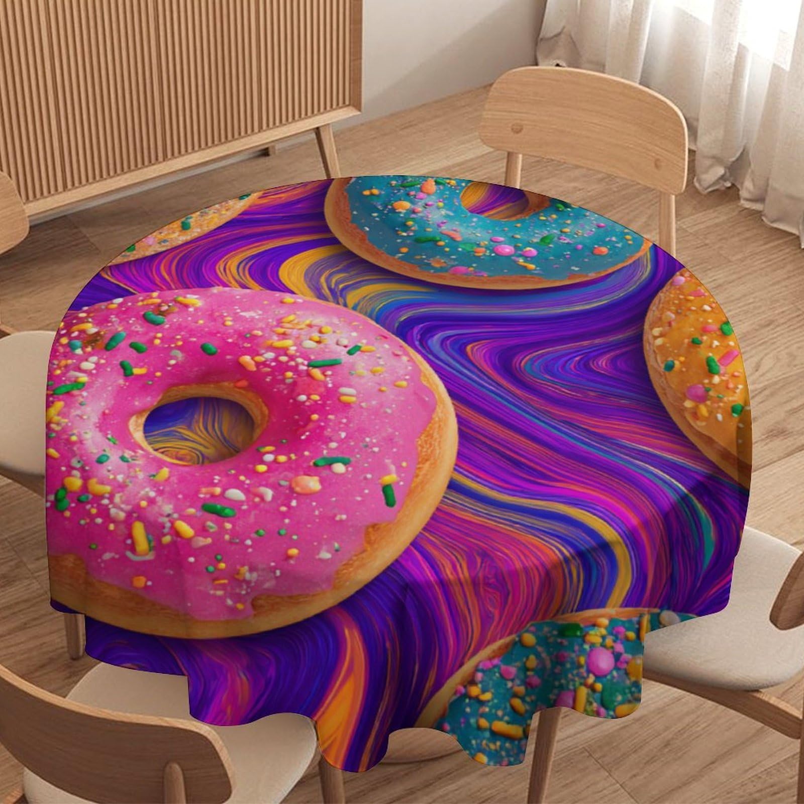 LUYYSKY Cute Watercolor Colorful Donut Waterproof Round Tablecloth Minimalist Exotic Sweets Food Theme Donuts Pattern Washable Table Cover for Kitchen-177.8" Wx177.8 L cm