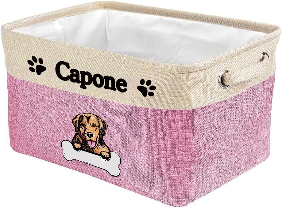 Custom Fabric Dog Toy Storage Basket with Cute Dog Golden Retriever Collapsible Sturdy Fabric Bone Pet Toys Storage Bin Cube with Handles for Organizing, Pink and White