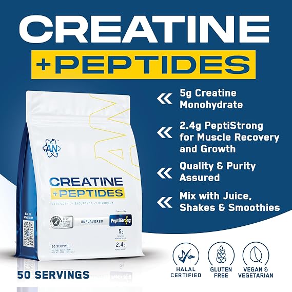 an Performance Creatine Monohydrate + Peptide | Micronized Powder | 5g Creatine, 2.4g PeptiStrong | Vegan, Gluten-Free, Non-GMO | Workout Supplement for Men & Women | Unflavored | 60 Servings