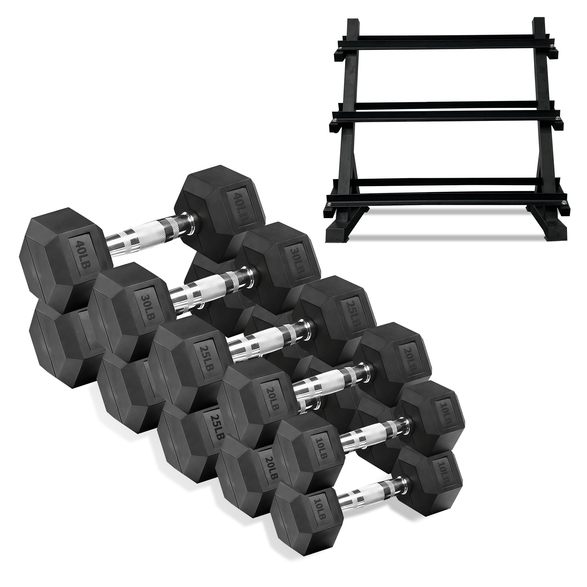 Rubber Hex Dumbbells with Storage Rack 350 450 550 LBS - Free Dumbbell Weight Set for Home Gym