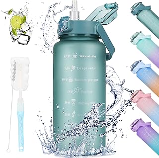 AOHAN 2 Litre Water Bottle, Time Markings and Straw Motivational Sport Water Bottle, BPA Free Drinking Bottle, Leak Proof Water Bottle 2L Ideal for Outdoor School Sport Fitness Gym (Green)