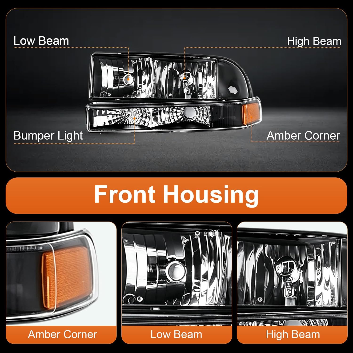 Headlight Assembly Compatible with 1998 1999 2000 2001 2002 2003 2004 Chevy S10/Blazer (BLACK+AMBER SIDE)