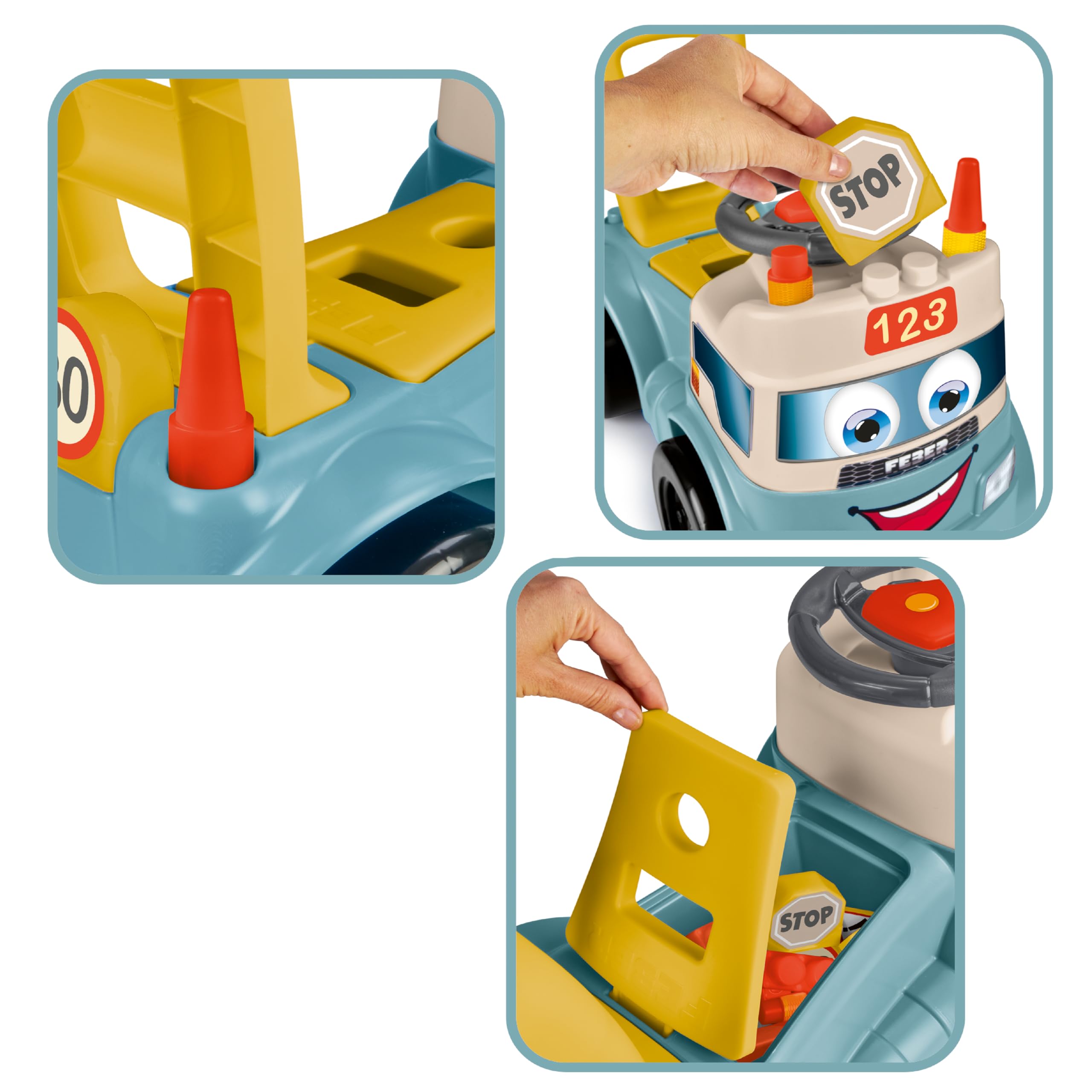FEBER Motofeber Casual Blocks, Correpasillo de Empuje y Andador, Juego 3 en 1, Incluye Panel de Encajables y 10 Bloques de Figuras Geométricas, Maletero para Guardar Bloques, Famosa (FED32000)