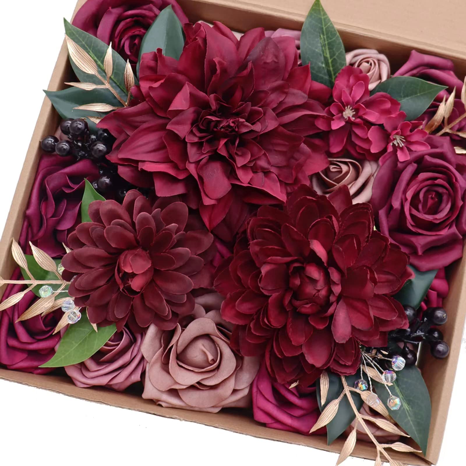 J-RijzenArtificial Flowers Mellow Marsala Combo Box Set with Stem for DIY Wedding Bouquets Centerpieces Baby Shower Party Home Decorations