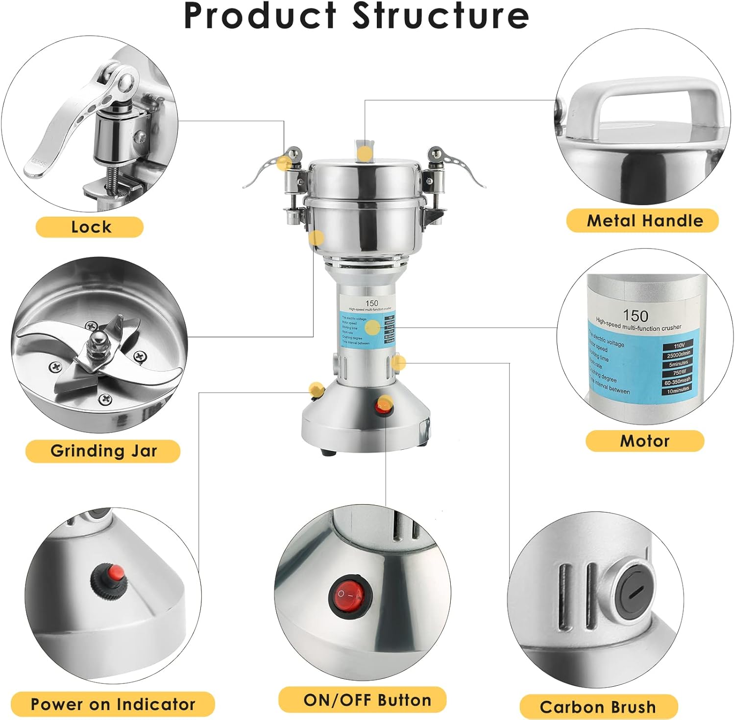 MYFULLY Electric Grain Mill Grinder High Speed Stainless Steel Pulverizer Mill Grinding Machine Cereals Corn Medicine Pearl Seasonings Spices Commercial Grade for Kitchen Grinding Machine (150g)