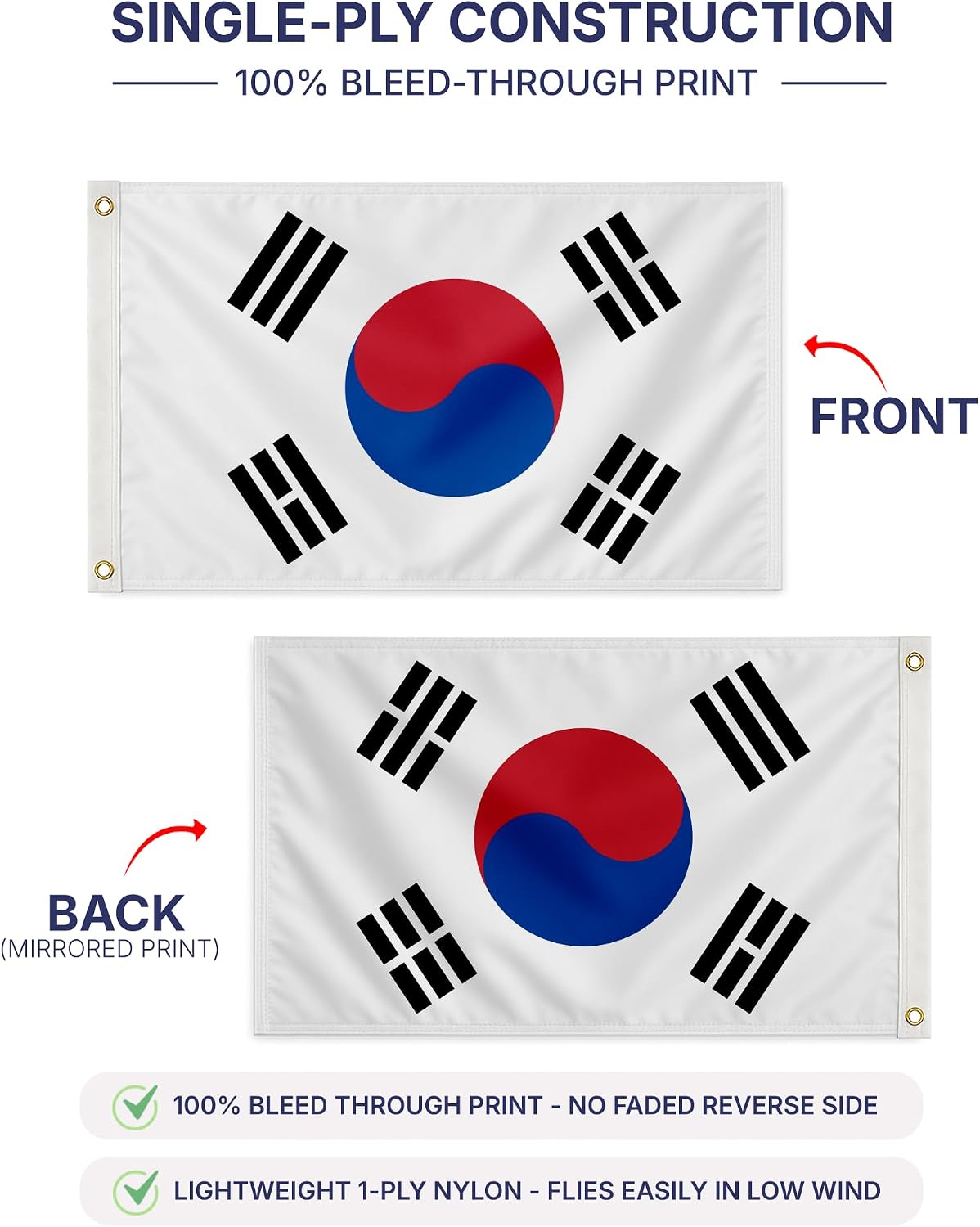 AGAS South Korea Flag 2 x 3 ft Outdoor 200D Nylon Double Stitched Hem Rust Proof Brass Grommets Canvas Header South Korea National Flag
