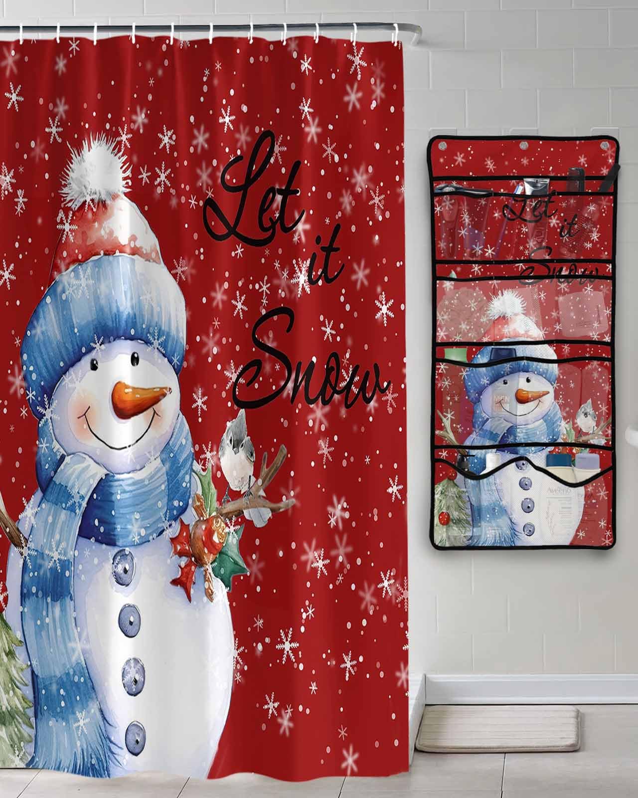 Shower Curtain Mesh Shower Organizer Hanging Set Merry Christmas Snowman with Robin Red Waterproof Shower Curtains with 10