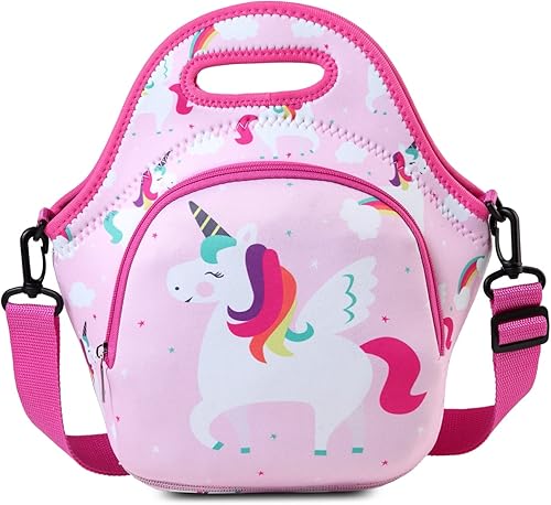 RAVUO Bolsa de almuerzo para niñas, lonchera ligera de neopreno para niños, lindo unicornio reutilizable, con correa de hombro desmontable