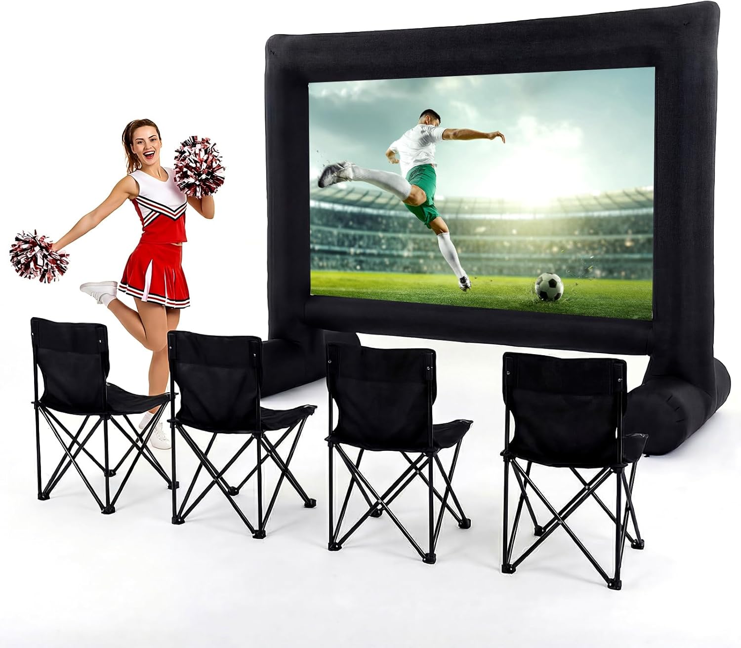 Threehoney Outdoor Projector Screen and 4 Chair, 16ft Inflatable Projector Screen with Air Blower, Bag, Front/rear Projection Blow up Movie Projection for Sport Event Home Backyard Theater Movie Night