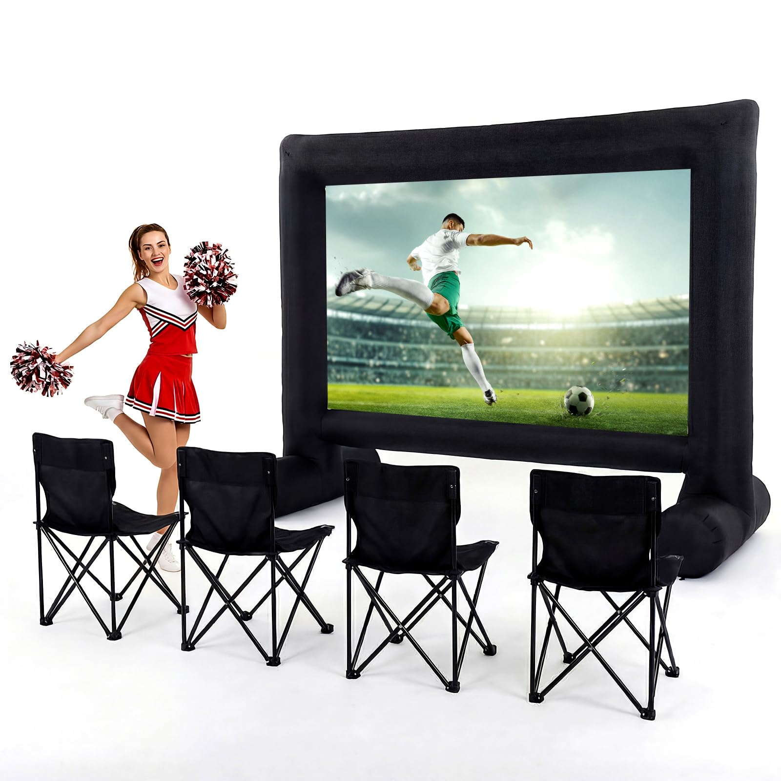 Threehoney 5 Pcs Set, 16ft Inflatable Projector Screen and 4 Chair, Projector Screen Outdoor for Soccer Event with Air Blower, Bag, Front/Rear Movie Projection for Home Backyard Theater Movie Night