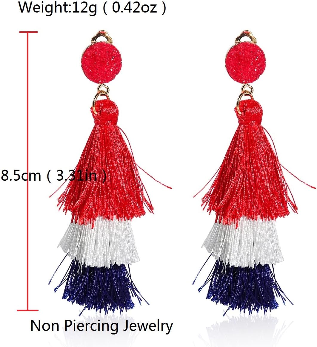 Boho Statement Tassel Earrings - Clip On Feather Dangling Fringe Earrings for Women - Non Piercing Jewelry for Vacation, Beach, Bride, Bachelorette, Costume, Prom