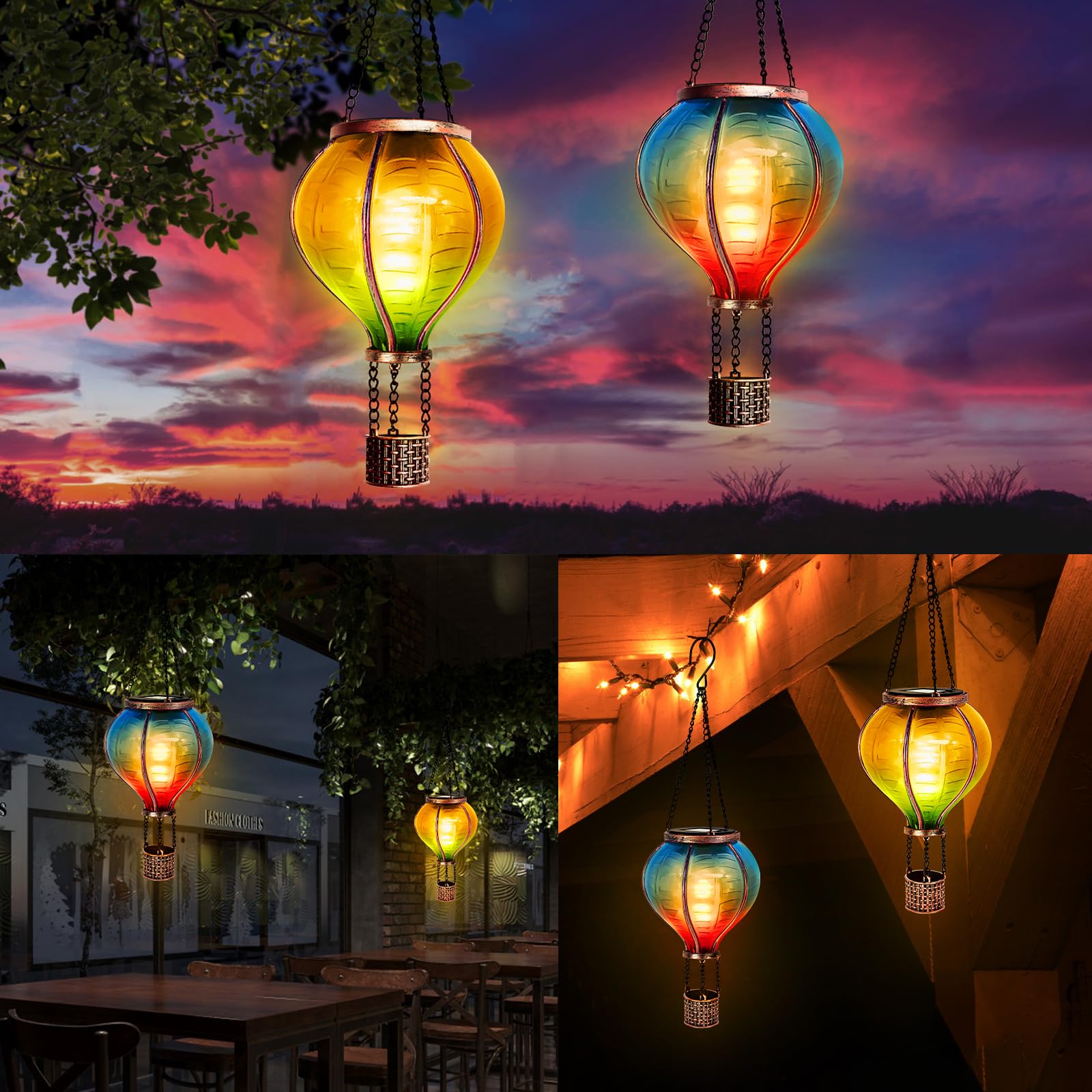 IEEILULU 2PCS Lanterne Solaire Exterieur, Montgolfière Lanterne Exterieur avec Effet de Flamme, Lumière Extérieure LED Étanche pour Terrasse Extérieure Balcon Chemin