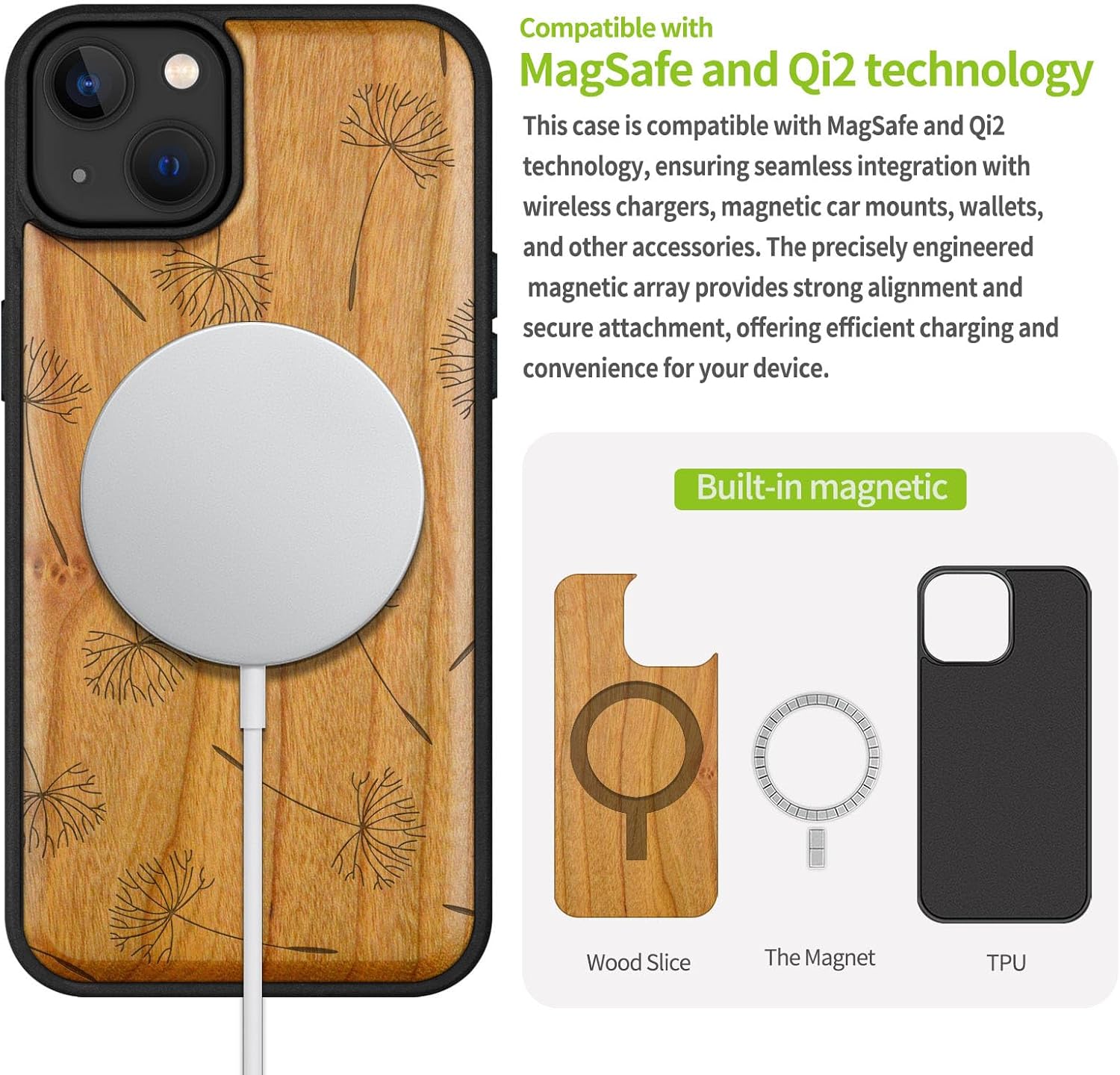 Carveit Magnetic Wood Case for iPhone 14 Plus - Natural Wood & Black Soft TPU - Shockproof Protective Cover - Unique & Classy Wooden Case - Compatible with MagSafe (Dandelion Whispers -Cherry)