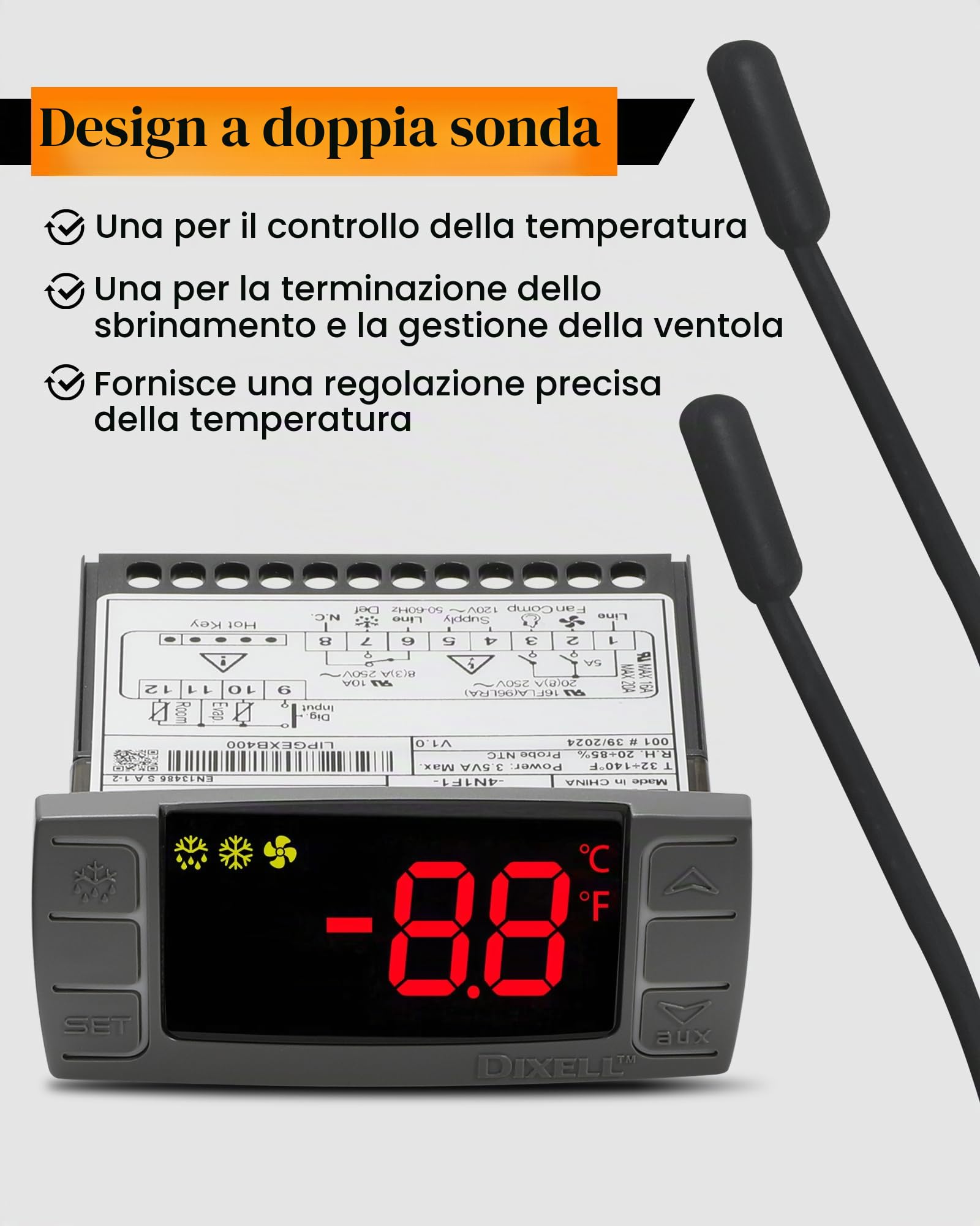 Regolatore di temperatura per Dixell XR06CX-4N1F1, adatto per frigoriferi/congelatore commerciali da 120 V 50-60 Hz, ricambio per regolatore di temperatura Dixell, con sonde sensore di temperatura e