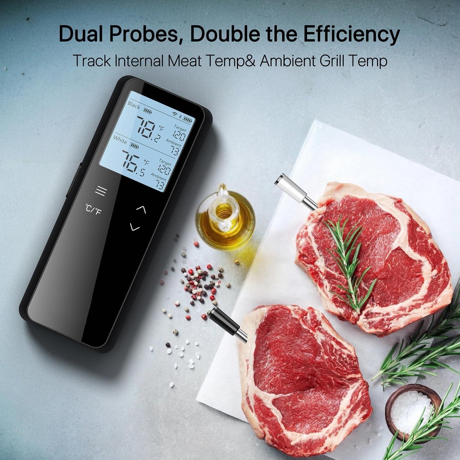 Smart Bluetooth Wireless Meat Thermometer for Grilling and Smoking | 2 Probe Digital Food Thermometer for Outdoor Indoor Grill Kitchen BBQ Oven Smoker Rotisserie, 6 sensors, WiFi Unlimited Range