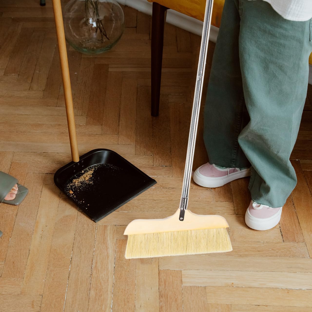 Hardwood Floor Broom Soft Bristle Indoor Broom with Wooden Handle Anti-Static Sweeper for Bedroom Kitchen Bathroom Carpet Tile Pet Hair