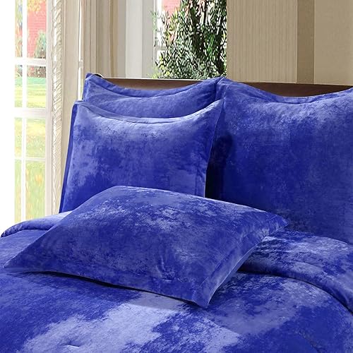 Miniatura 6 de Juego de edredón de terciopelo envejecido, color azul y morado, cara de terciopelo y ropa de cama de microfibra cepillada inversa, relleno de
